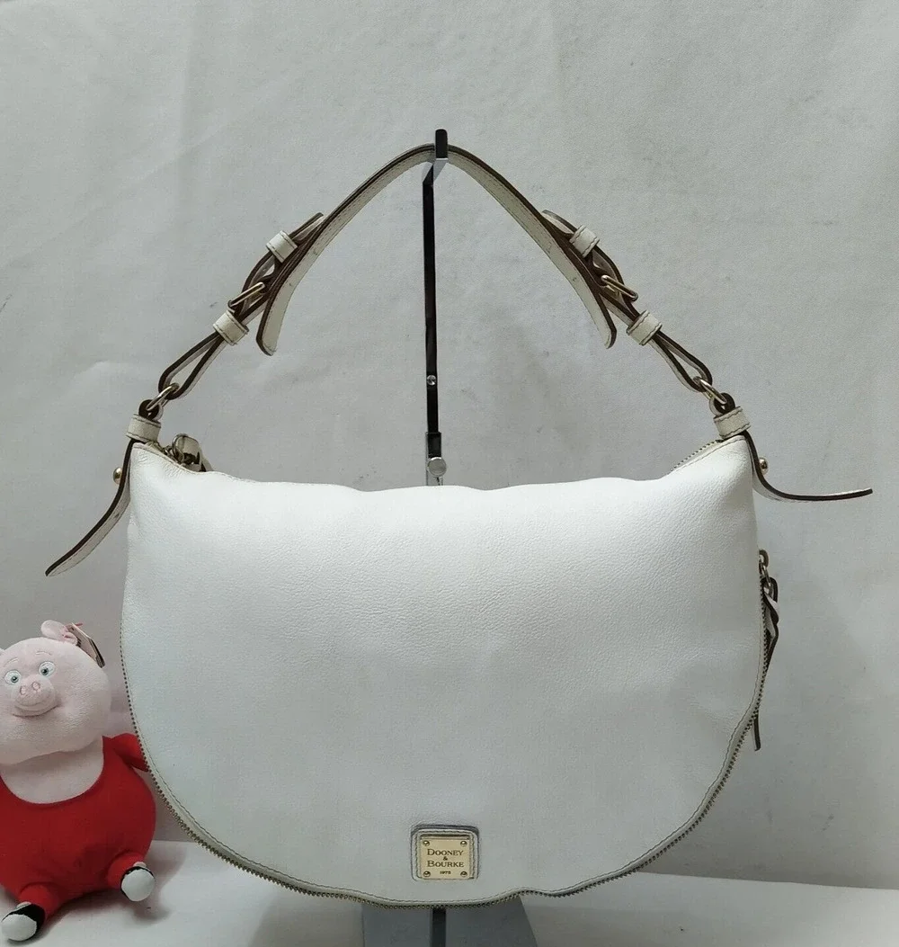 Dooney & Bourke White Pebbled Leather Expandable Zipper Hobo Shoulder Bag